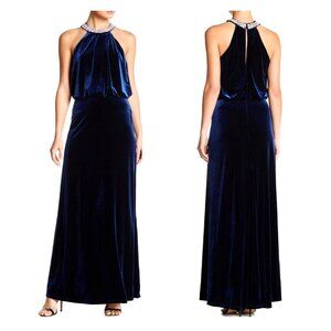 Marina Midnight Blue Velvet Blouson Embellished Long Gown Size 16W 1X Dress Plus